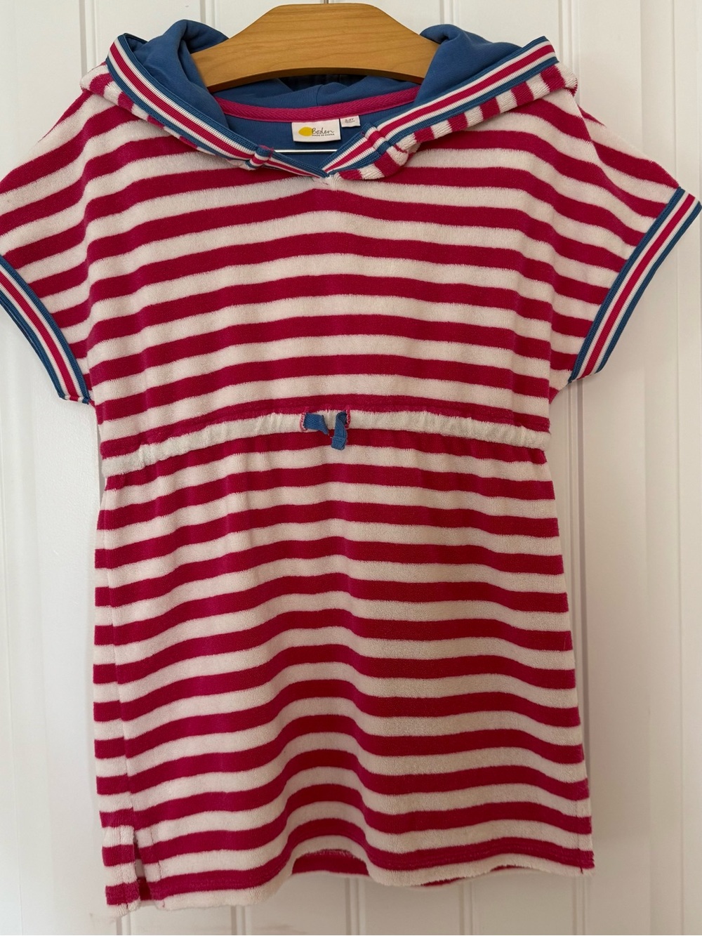 Boden Girls Hooded Terry Dress Pink White Striped Size 3-4Y